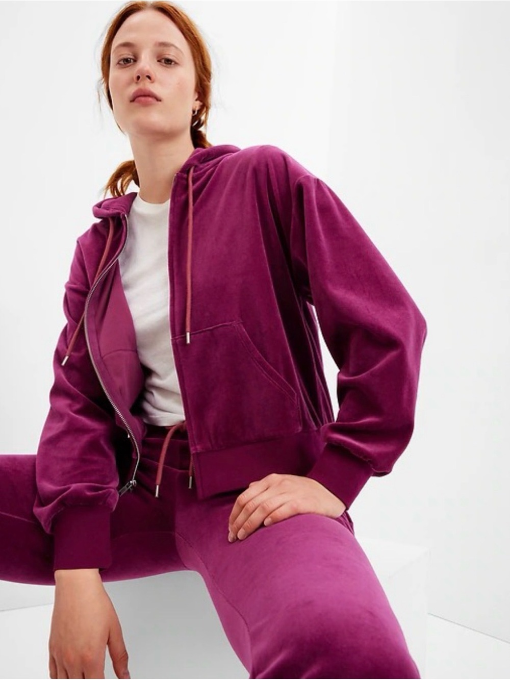 GAP Velvet Zip Hoodie and Joggers in Deep Magenta